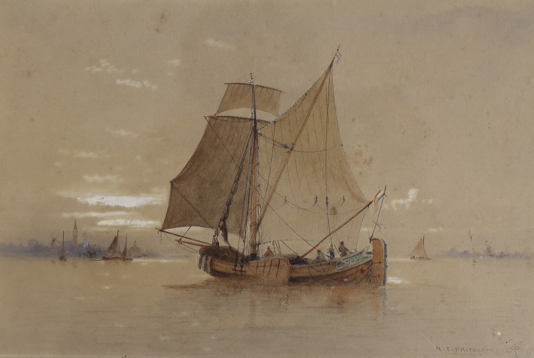 Robert Taylor Pritchett (1828-1907), watercolour, Sail barge off Venice, 16 x 24.5cm and a coastal watercolour by Arthur Hoggarth (1882-1964), 11 x 16cm